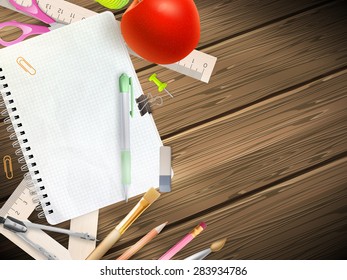 School supplies on wooden background. EPS 10 vector file included