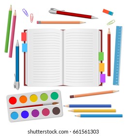 School supplies, open notebook, colour pencils, pens, watercolors paints, ruler, eraser on white background. Back to school. Education and school concept. Vector illustration