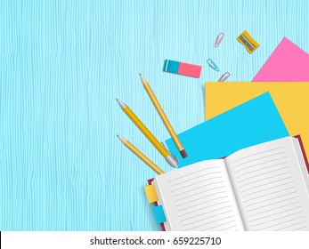 School supplies, open notebook, pencils, paper, eraser on wooden background with place for text. Back to school. Education and school concept. Vector illustration