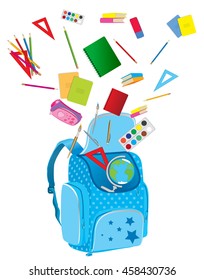 
School supplies: paints, pencils, notebooks, pencil case, ruler fall in schoolbag