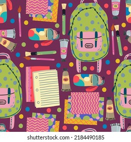 School supplies, paper, school backpack, water bottle, paints. Flat vector illustration. Pattern. Dark background, wallpaper, cartoon style