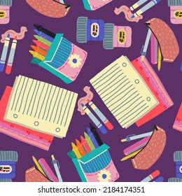 School supplies, paper, gouache, wax crayons, markers, pencil case. Flat vector illustration. Pattern. Dark background, wallpaper, cartoon style