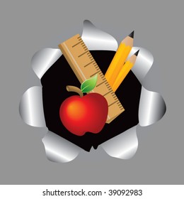 school supplies in paper hole