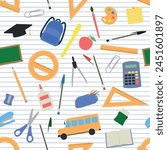 School Supplies Pattern - Assorted School Items on Notebook Paper Background. Pencil, Eraser, Sharpener, Rulers, Backpack, Scissor, Pens, Bus and others. Seamless Link.