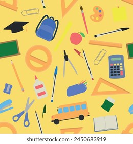 School Supplies Pattern - Assorted School Items on Yellow Background. Pencil, Eraser, Sharpener, Rulers, Backpack, Scissor, Pens, Calculator, Bus and others. Seamless Link.