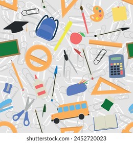 School Supplies Pattern - Assorted School Items on Paper Clips Background. Pencil, Eraser, Sharpener, Rulers, Backpack, Scissor, Pens, Calculator, Bus and others. Seamless Link.