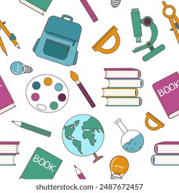 School supplies pattern. Back to school concept. Seamless pattern of school elements.