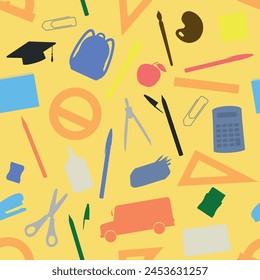 School Supplies Pattern - School Items Silhouette on Yellow Background. Pencil, Eraser, Sharpener, Rulers, Backpack, Scissor, Pens, Calculator, Bus and others. Seamless Link.