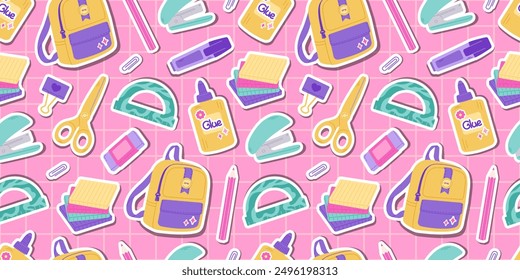 The school supplies pattern on a pink checkered background. Back to school. Education accessories: Backpack, paper clip, ruler, pen, glue. Perfect for cards, textiles, ads, advertising and banners.