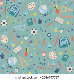 School supplies pattern on turquoise background.