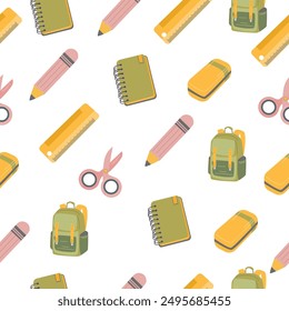 School supplies pattern. pencil, notebook, ruler, eraser, backpack, scissors.