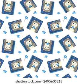 School supplies pattern, spiral notebooks, hedgehog with flowers, vector illustrations