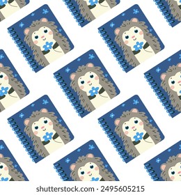 School supplies pattern, spiral notebooks, hedgehog with flowers, vector illustrations