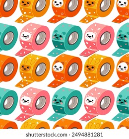 School supplies pattern, tape, with funny animals, flowers, vector illustration