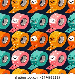 School supplies pattern, tape, with funny animals, flowers, vector illustration