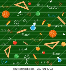 School supplies pattern vector illustration with rulers chalk pencils balls test tubes and chalkboard formulas on diagonal green lined background, perfect for educational themed designs,back to school
