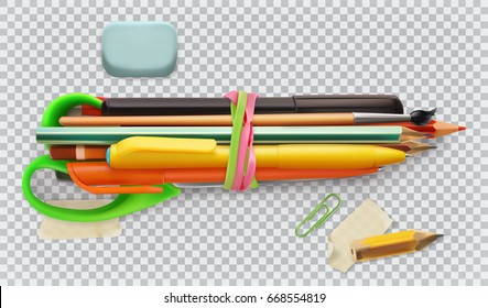 School Supplies. Pen, Pencil, Brush, Scissors. 3d Objects, Education Icon.