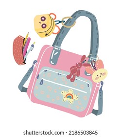 School supplies, pencil case, school bag. Poster, stickers, printing on clothes. Flat vector illustration