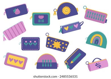 School supplies pencil case collection. Great design for any purpose. Hand drawn isolated vector illustration.


