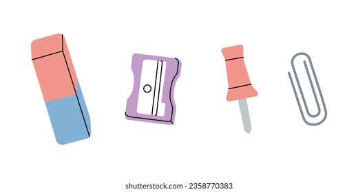 School supplies. Pencil sharpener, push pins, thumbtack, paper clip, rubber eraser. Back to school. Vector illustration.