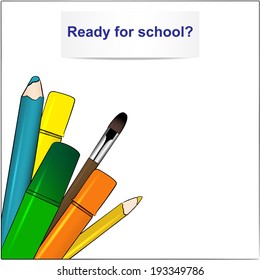 school supplies (pencils, brush and markers) vector background