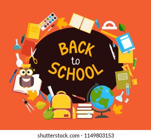 School supplies and phrase Back to school in center. Vector flat illustration.
