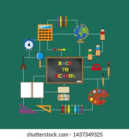 School supplies and phrase Back to school in center blackboard. Vector  illustration. Colorful template schedule for advertising brochure, banner, poster. 