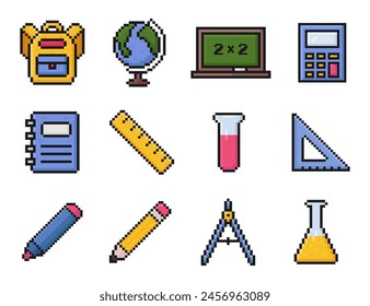 school supplies pixel art icon set, education items, back to school, 8 bit, 80s, 90s, arcade game items, backpack, globe, chalkboard, calculator, notebook, ruler, flask, triangle, marker, pencil