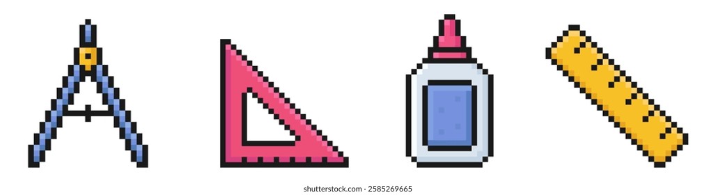 school supplies pixel art icons, back to school, 80s, 90s, old arcade game item style, compass, triangle, ruler, glue, vector illustration