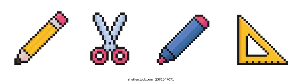 school supplies pixel art icons, back to school, 80s, 90s, old arcade game item style, pencil, scissors, pencil, marker, ruler, triangle, vector illustration