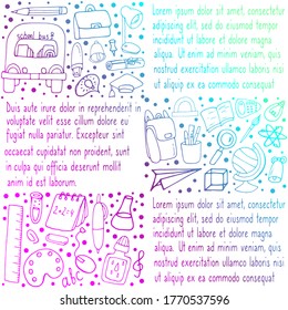 School supplies for printing on paper. Illustration for school. Vector isolated illustration with signs for learning. School bus with a sign. School poster design on a white background. Doodle style. 