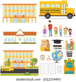 School, school supplies, pupils, school bus. Flat design, vector illustration, vector.