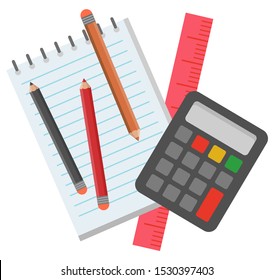 School supplies for pupils and students to study mathematics vector. Children have calculator count and ruler to draw lines, notebook and pencils for write notes. Back to school concept. Flat cartoon