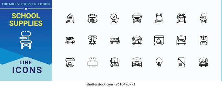 School Supplies related icon. Includes symbols for learning, college, diploma, education, class, book, study and more. Back To School icon set. Minimalist linear icons. Editable stroke vector art.