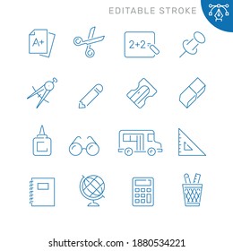 School supplies related icons. Editable stroke. Thin vector icon set