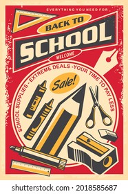 School supplies retro poster idea. Back to school sale vintage advertisement with pencils, pens, crayons, rulers, scissors, pencil sharpener and more. Vector flyer or banner template.