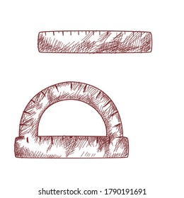 Suministros escolares. Regla y protractor al estilo de un dibujo a mano con eclosión en un fondo blanco. Aislado. Esbozo. Clipart para la escuela, estudiar. vector