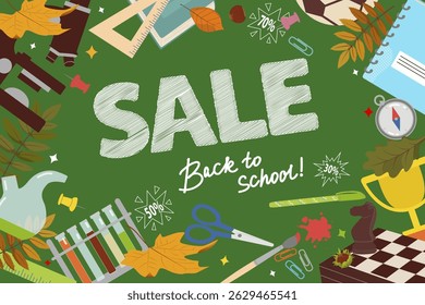 School Supplies Sale Poster. Back to School Sale Banner. Web Ad Template, Special Offer, Discount. Hand Drawn Illustration