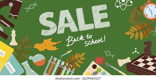 School Supplies Sale Poster. Web Ad Template, Special Offer, Discount. Hand Drawn Illustration