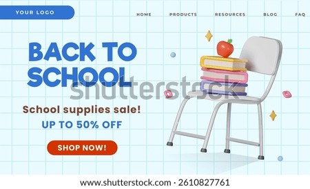 A school supplies sale theme featuring a chair and stacked books with an apple on top, designed in a colorful vector illustration style, perfect for promotions.