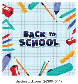 School supplies are scattered on a blue graph paper background. Which emphasizes the preparation for back to school. Flat vector illustration