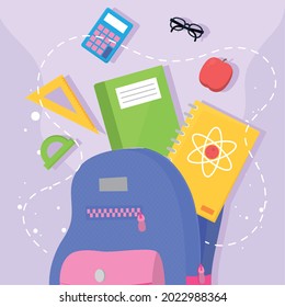school supplies in schoolbag icons