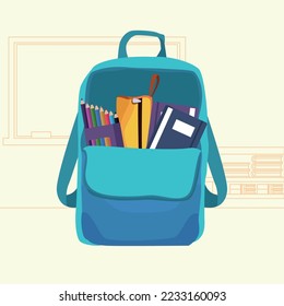 school supplies in schoolbag icons