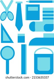 school supplies, scissors, eraser, socks, pencil, bag, ruler, tie, magnifying glass, shoes and books. Back to school concept. geometric blues illustration