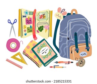 School supplies, scissors, rulers, scotch tape, books, pens, diary, school bags. Poster, stickers, printing on clothes. Flat vector illustration