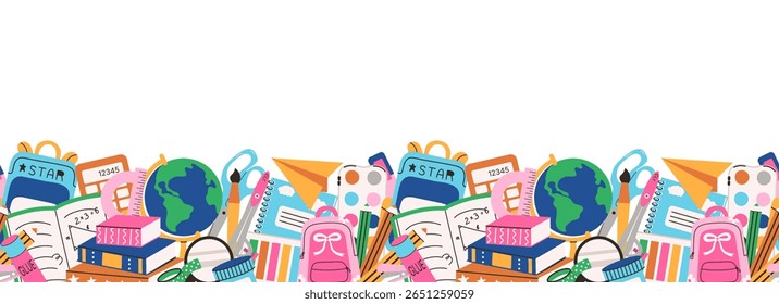 Suprimentos Escolares Sem Fronteira. Educação interminável quadro. Padrão de ferramentas de estudo em estilo plano. Notebook, régua, lápis, globo. mochila. Tema educacional para impressão de banner de cartaz. Copiar espaço