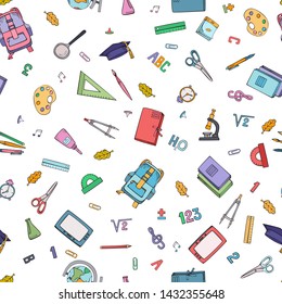 School supplies. Seamless handmade design.  Vector colorful  illustration.