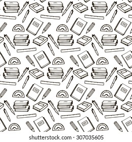 School supplies seamless pattern, black lines, white background