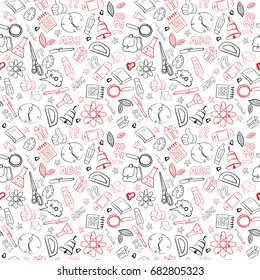 School Supplies Seamless Pattern Doodle Hand Drawn Background Vector Illustration