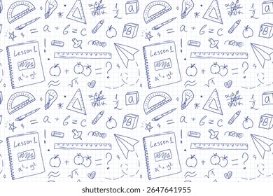 School supplies, a seamless pattern drawn with a pen on a checkered background. The concept of Education and science. A Back to School print for Knowledge Day with outline drawings on a notebook sheet